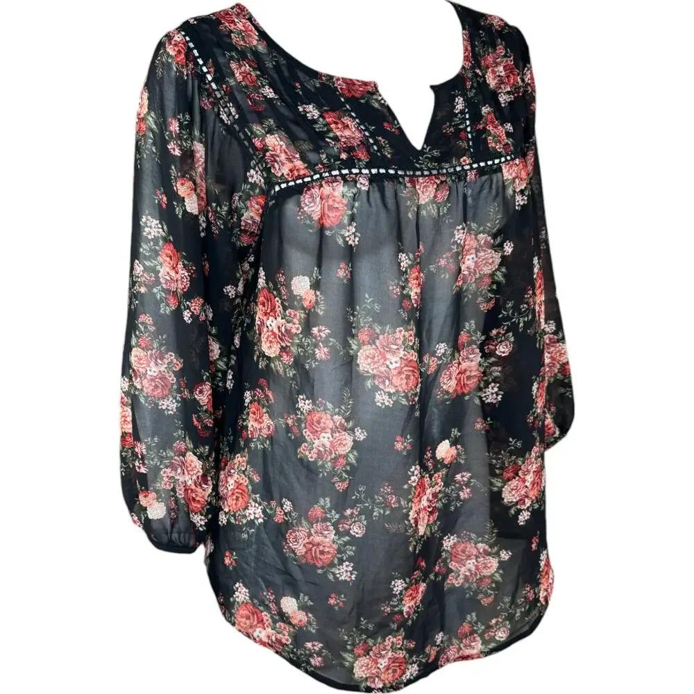 Mine Womens Large Black Floral Sheer 3/4‎ Length Sleeve Blouse - Picture 2 of 15